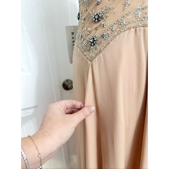 Basix II Nude Illusion Peach Silk Chiffon Beaded Jeweled Maxi Evening Gown 2 NWT - Picture 9 of 12